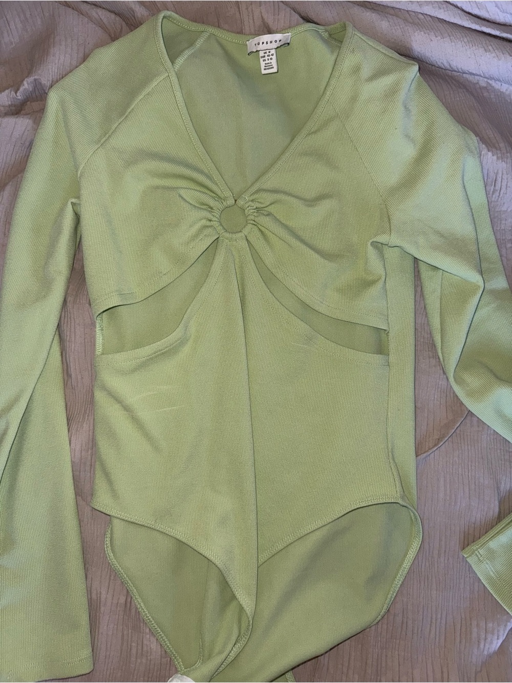Topshop Light Green Long Sleeve Ring-Front Bodysuit